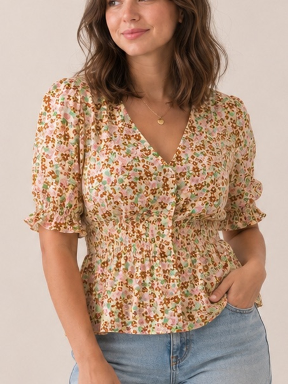 Mango Printed V-Neck Balloon Sleeve Peplum Top Size 4